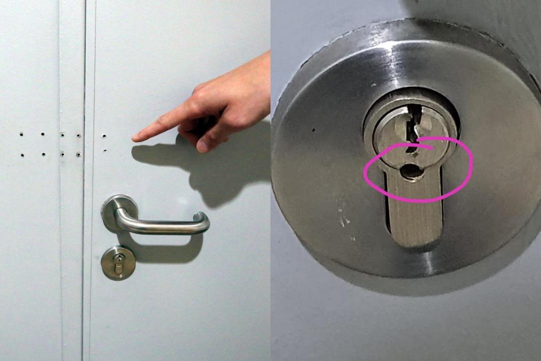 左图:租户陈先生指二房东凌晨闯入办公室换锁和偷电眼SD卡,但吴先生否认有偷窃。(庄耿闻摄)右图:陈先生指办公室的锁头有被撬坏的痕迹。(取自面簿)