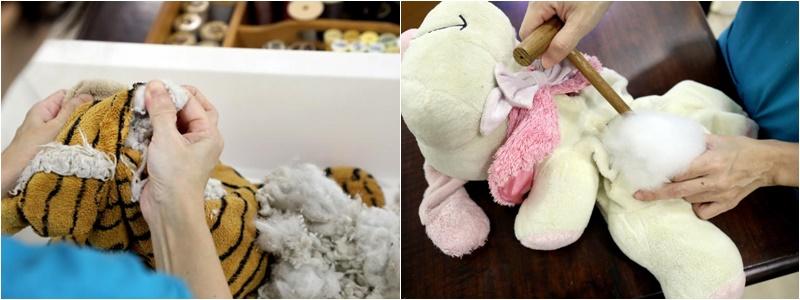 (左图)“换血”前将旧棉花掏出,(右图)过后再塞入新棉花。