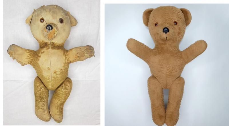 修复收藏了60年的玩具熊,前后对比照。(受访者提供)