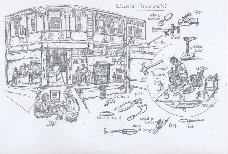 黄锦基有绘画天分，他将所收集的各个行业的工具与匠人们的工作情景手绘出来。这张画的是街角补鞋匠工作的情形与他所使用的工具。（受访者提供）
