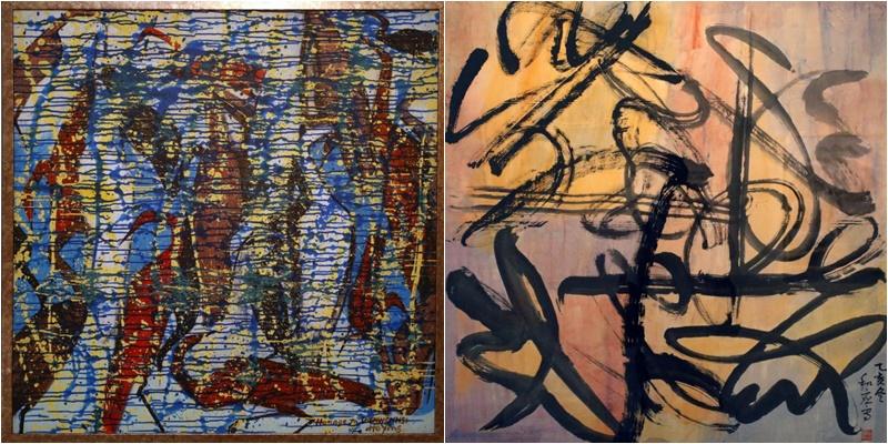 (左)何和应以抽象画《纪念陈文希》(2012),鹭鸶朦胧隐约。(右)何和应创意书法《舞笔》(1995)展现东歪西倒的舞姿,可从四方八面观之。