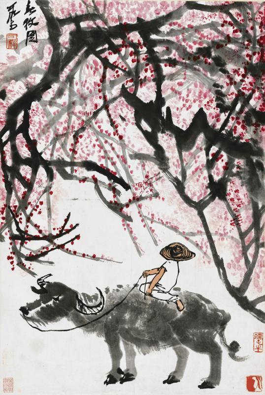 中国已故著名画家李可染擅长画牛，图为《春牧图》。（秋斋珍藏提供 ）