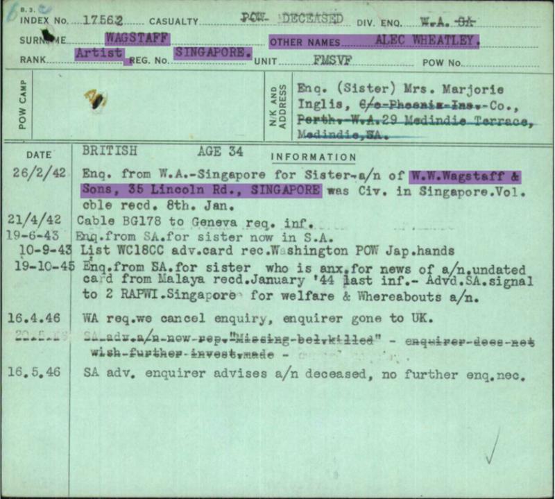 亚历克家人通过澳洲红十字会询问他的下落。文件注明新加坡林肯路35号为他最后的官方地址。（墨尔本大学档案）