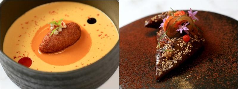 Nouri结合不同国家吃辣的风味,本季菜单上有搭配Vatapa酱汁的非洲炸饼(左)和辣味鸽子。(龙国雄摄)