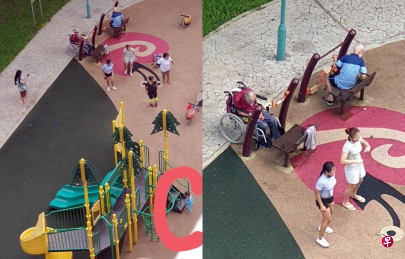(左图)一名身穿蓝色睡衣的男童(右下角)独自在游乐设施的阶梯玩耍,没有大人看着,5个女佣则忙着跳舞拍视频。(右图)女佣全神贯注地跳舞,后面两名年迈的阿公则各自坐在运动区,被“晾在”一旁。(读者提供) (左图)一名身穿蓝色睡衣的男童(右下角)独自在游乐设施的阶梯玩耍,没有大人看着,5个女佣则忙着跳舞拍视频。(右图)女佣全神贯注地跳舞,后面两名年迈的阿公则各自坐在运动区,被“晾在”一旁。(读者提供)