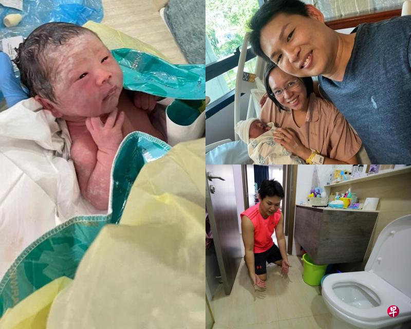 (左图)林家宏在家里为妻子接生,医护人员过后赶到现场替宝宝剪下脐带。(右上图)林家宏和妻子李音洁与新生儿在医院温馨合影。(右下)妻子当时平躺在厕所的地上,林家宏示范他如何亲手迎接二儿子的出生。 (左图)林家宏在家里为妻子接生,医护人员过后赶到现场替宝宝剪下脐带。(右上图)林家宏和妻子李音洁与新生儿在医院温馨合影。(右下)妻子当时平躺在厕所的地上,林家宏示范他如何亲手迎接二儿子的出生。