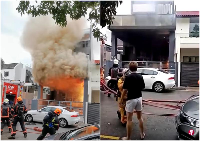 被邻居通知住家前院着火,失火排屋一家四口狼狈逃生,身穿黑衣的男屋主赤着脚跑出屋外。(受访者提供) 被邻居通知住家前院着火,失火排屋一家四口狼狈逃生,身穿黑衣的男屋主赤着脚跑出屋外。(受访者提供)