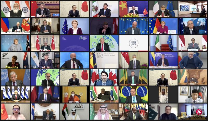 多国领袖受邀出席美国召开的网上气候峰会。第四行左起第五个框为新加坡总理李显龙。同一行左起第三个框为美国总统拜登。中国国家主席习近平在第一行左起第二个框。(新加坡总理公署提供) 多国领袖受邀出席美国召开的网上气候峰会。第四行左起第五个框为新加坡总理李显龙。同一行左起第三个框为美国总统拜登。中国国家主席习近平在第一行左起第二个框。(新加坡总理公署提供)