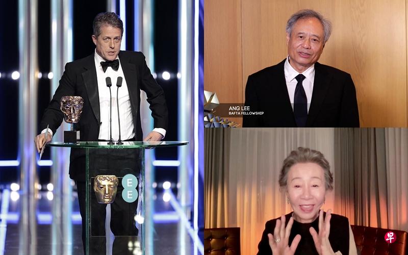 休格兰特(左图)担任李安获终身成就奖的引言人。(互联网)李安(右上图)、尹汝贞透过预录视频发表得奖感言。(路透社) 休格兰特(左图)担任李安获终身成就奖的引言人。(互联网)李安(右上图)、尹汝贞透过预录视频发表得奖感言。(路透社)