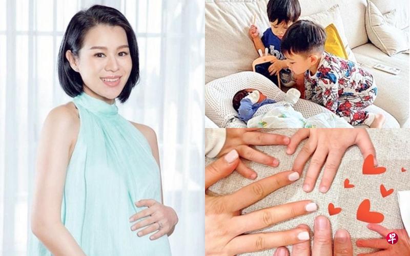 胡杏儿(左图)分享一家五口的手掌和两个儿子看着弟弟的照片。(互联网) 胡杏儿(左图)分享一家五口的手掌和两个儿子看着弟弟的照片。(互联网)