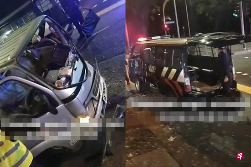 右图:罗厘与警车不知何故相撞,警车的车门被撞凹,玻璃碎片洒满地,五名警员因此受伤。左图:在这起车祸中的罗厘当时载着11名乘客,他们相信都是客工。(取自面簿) 右图:罗厘与警车不知何故相撞,警车的车门被撞凹,玻璃碎片洒满地,五名警员因此受伤。左图:在这起车祸中的罗厘当时载着11名乘客,他们相信都是客工。(取自面簿)