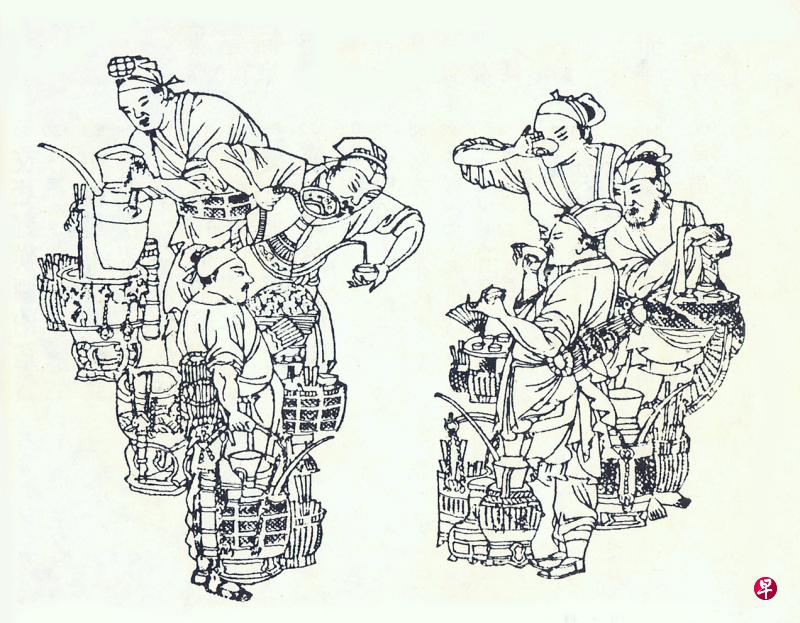 南宋古图中可见茶贩提壶注水点茶，茶客举杯品茶，是宋代生活闲事的真实写照。（作者提供）