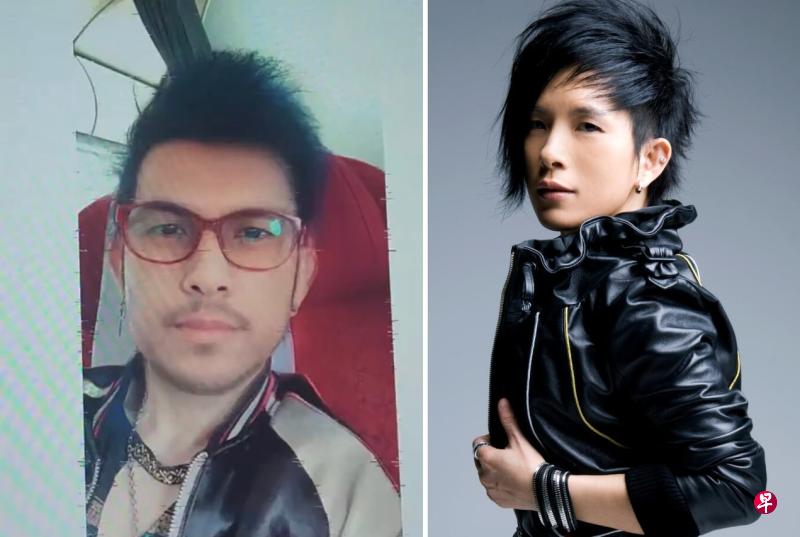 潘美辰（右图）在微博影音晒出的络腮胡男人图片，其实是她本人。（微博图）