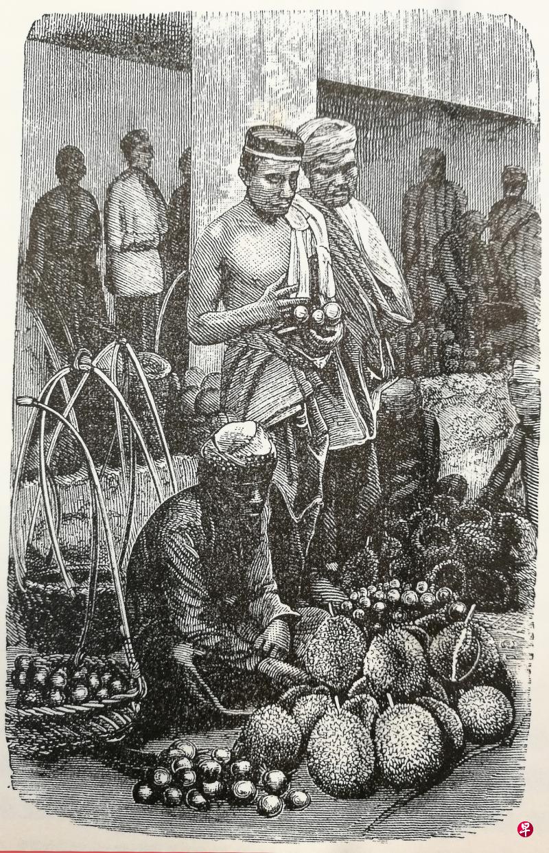 早期新加坡街边榴梿小贩。 早期新加坡街边榴梿小贩。