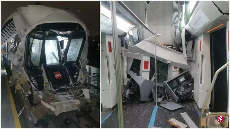 西安市官方证实，西安地铁10号线在星期四（4月18日）晚间试车时发生追尾事故，造成一死二伤。图为地铁车头撞烂，车厢变形。（互联网）