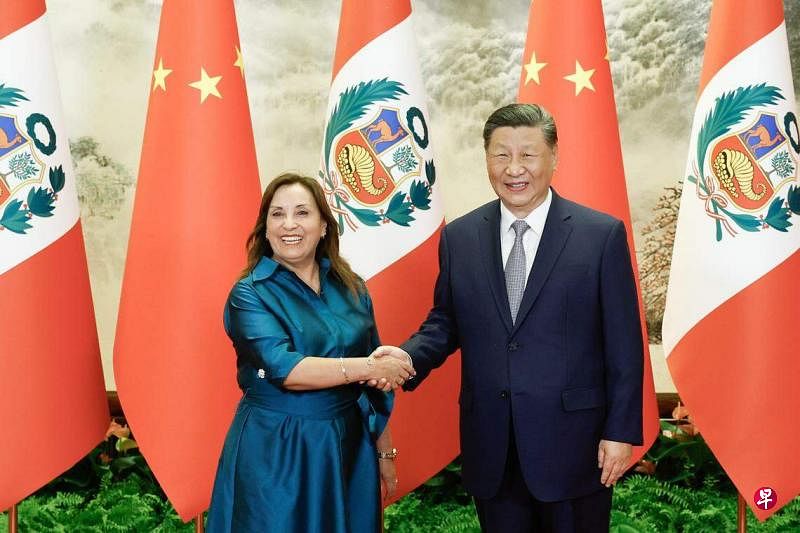 中国国家主席习近平（右）星期五（6月28日）在北京人民大会堂同赴华进行国事访问的秘鲁总统博鲁阿尔特举行会谈。（中新社）