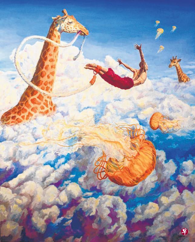 ↑苏敬翔展出的画作之一:《九霄云外》 (On Cloud Nine)。 ↑苏敬翔展出的画作之一:《九霄云外》 (On Cloud Nine)。