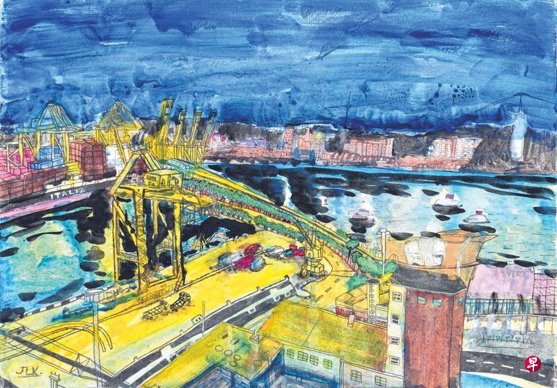 12岁的林卓萦作品《夜间的海港》。 12岁的林卓萦作品《夜间的海港》。