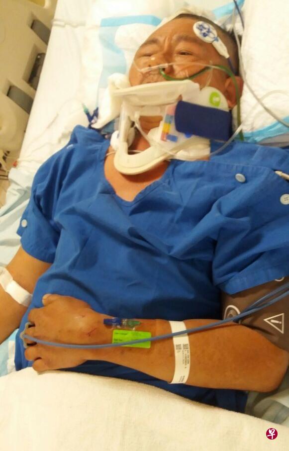 吴有良被冷气机砸中,还从两米高跌下来,头部骨折,脊椎也受伤,目前在樟宜综合医院留医。(星洲日报) 吴有良被冷气机砸中,还从两米高跌下来,头部骨折,脊椎也受伤,目前在樟宜综合医院留医。(星洲日报)