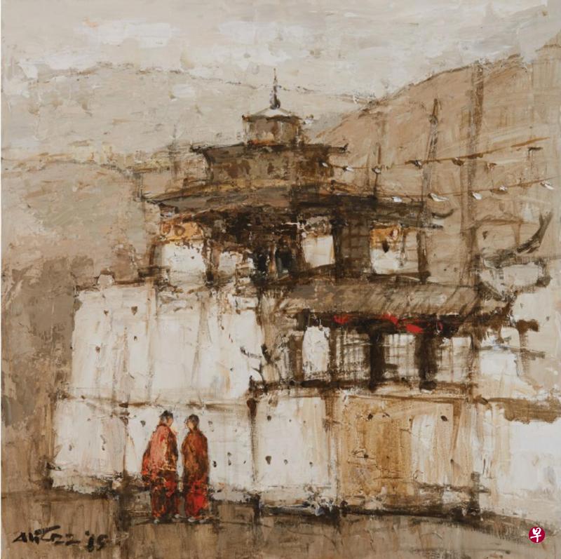 洪亚弟胶彩画作品《寺庙外》。