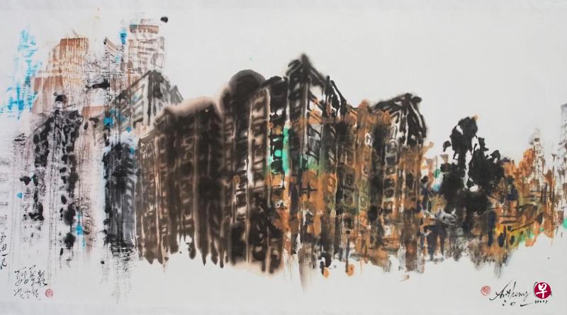 蔡世华和洪雪珍联合创作的大型水墨《都市景观转变I》,作于2015年。(主办方提供) 蔡世华和洪雪珍联合创作的大型水墨《都市景观转变I》,作于2015年。(主办方提供)
