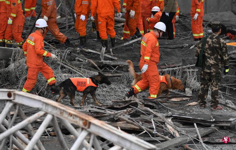 救援人员牵着搜救犬在废墟中搜索生命迹象,目前仍有1人下落不明。(新华社) 救援人员牵着搜救犬在废墟中搜索生命迹象,目前仍有1人下落不明。(新华社)