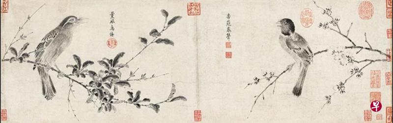 北宋宋徽宗《写生珍禽图卷》(局部)。 北宋宋徽宗《写生珍禽图卷》(局部)。