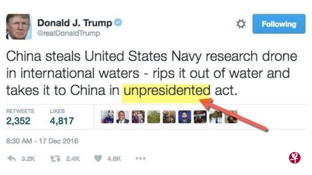 “unpresidented”这个字在英语中并不存在(图片:特朗普推特) “unpresidented”这个字在英语中并不存在(图片:特朗普推特)