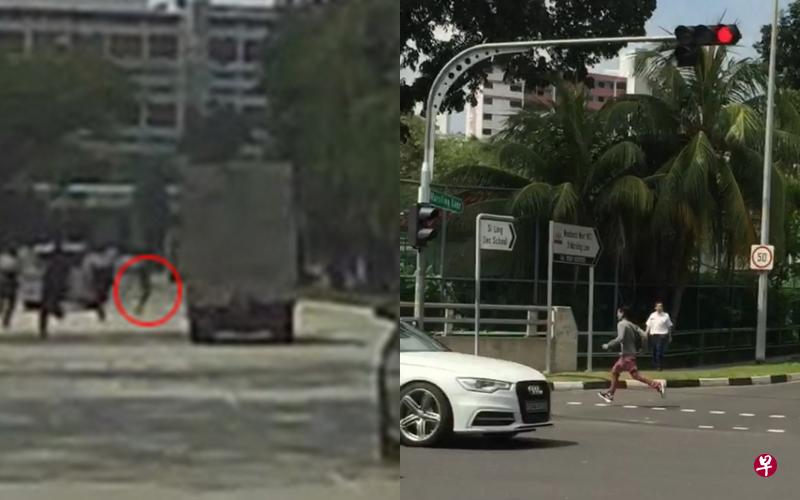 (左图)肇祸司机(红圈中)被三名交警和警员追捕时,冒险横过马路,与车辆擦肩而过,非常惊险。(右图)肇祸司机违例闯过交通灯,在马路上夺命狂奔近半公里。(受访者提供) (左图)肇祸司机(红圈中)被三名交警和警员追捕时,冒险横过马路,与车辆擦肩而过,非常惊险。(右图)肇祸司机违例闯过交通灯,在马路上夺命狂奔近半公里。(受访者提供)