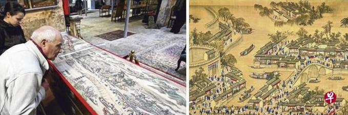 《康熙南巡图》第6卷残卷2014年出现于法国拍卖时的预展(左图),以及2016年出现于纽约拍卖的卷末部分局部(右图)。 《康熙南巡图》第6卷残卷2014年出现于法国拍卖时的预展(左图),以及2016年出现于纽约拍卖的卷末部分局部(右图)。