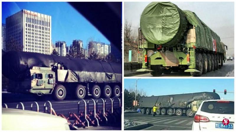 中国网络近日流传的图片显示“东风-41”导弹现身闹市公路。(互联网) 中国网络近日流传的图片显示“东风-41”导弹现身闹市公路。(互联网)