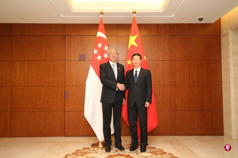 张志贤今早在北京钓鱼台国宾馆同张高丽举行双边会晤。（联合早报何家俊摄）
