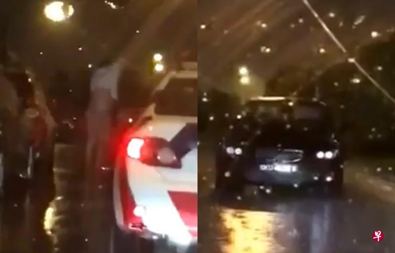 (左图)司机被警方叫下车后,在雨中穿上衣服。(右图)网民指黑色宝马停在双程车道的中间,堵住他回家的路。(互联网) (左图)司机被警方叫下车后,在雨中穿上衣服。(右图)网民指黑色宝马停在双程车道的中间,堵住他回家的路。(互联网)