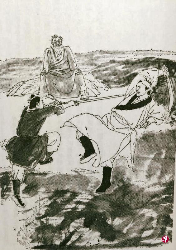 图为王司马为《笑傲江湖》第一卷第十回《传剑》所画的风清扬。旁白说风清扬在大石前坐下,向令狐冲传授武艺:“田伯光喝道:‘看刀!’挥刀向令狐冲砍了过来。令狐冲侧身闪避,长剑还刺。”(《笑傲江湖》/明河社1980年修订版)(图:王司马/明河社,黄志东摄) 图为王司马为《笑傲江湖》第一卷第十回《传剑》所画的风清扬。旁白说风清扬在大石前坐下,向令狐冲传授武艺:“田伯光喝道:‘看刀!’挥刀向令狐冲砍了过来。令狐冲侧身闪避,长剑还刺。”(《笑傲江湖》/明河社1980年修订版)(图:王司马/明河社,黄志东摄)