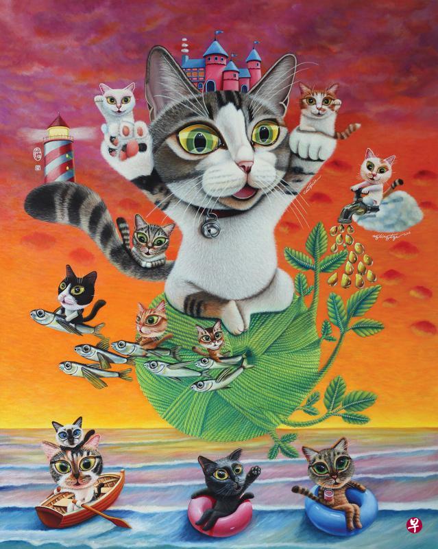 黄灵芝的作品《猫的乌托邦》,描绘猫所处的理想世界。(受访者提供) 黄灵芝的作品《猫的乌托邦》,描绘猫所处的理想世界。(受访者提供)