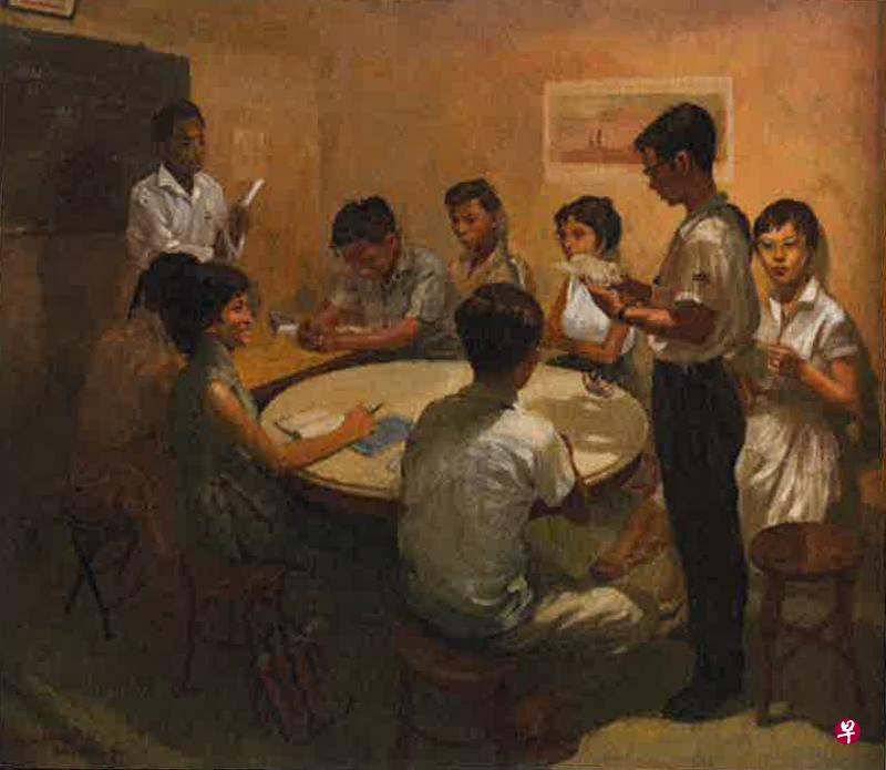 写实油画家蔡名智的油画《国语课》。 写实油画家蔡名智的油画《国语课》。