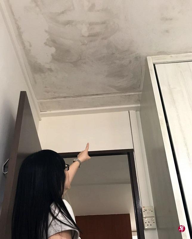 陈太太家的天花板发霉。 陈太太家的天花板发霉。