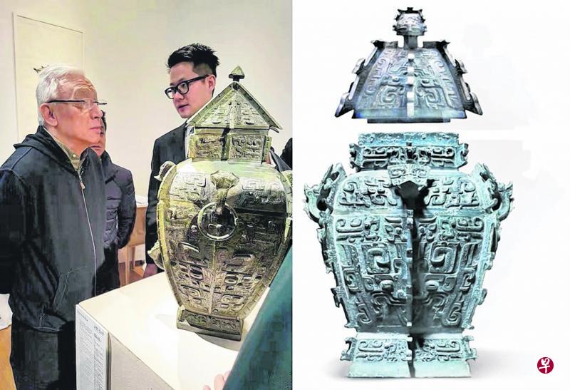 (左)纽约拍卖的青铜饕餮纹方罍,观赏者为收藏家曹兴诚。(右)现藏湖南省博物馆的“方罍之王”皿方罍,器盖与器身曾经分离60年才完整合一。 (左)纽约拍卖的青铜饕餮纹方罍,观赏者为收藏家曹兴诚。(右)现藏湖南省博物馆的“方罍之王”皿方罍,器盖与器身曾经分离60年才完整合一。