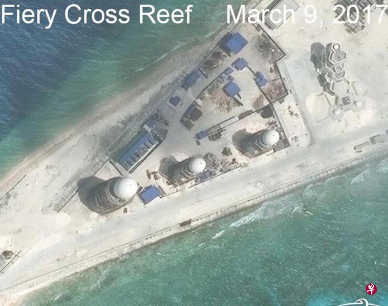 美国智库战略与国际研究中心(CSIS)今年3月27日发布的南沙永暑礁卫星图片,显示了岛上的建设情况。(路透社) 美国智库战略与国际研究中心(CSIS)今年3月27日发布的南沙永暑礁卫星图片,显示了岛上的建设情况。(路透社)