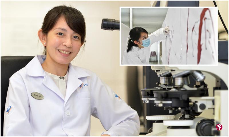 高级法证科学家许碧珠专门分析血迹和纤维。小图:许碧珠会分析血迹喷溅痕,从中找出答案。(新加坡卫生科学局提供) 高级法证科学家许碧珠专门分析血迹和纤维。小图:许碧珠会分析血迹喷溅痕,从中找出答案。(新加坡卫生科学局提供)