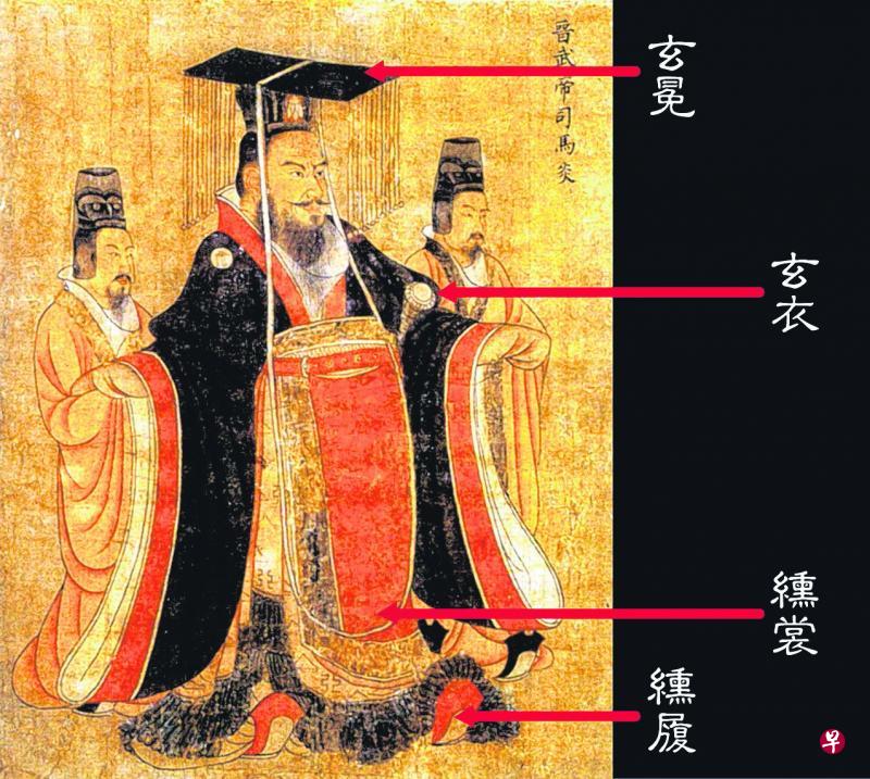 传唐阎立本《历代帝王图》画中结束三国、统一天下的晋武帝司马炎，身穿玄衣纁裳，玄冕纁履，代表顶天立地的天地之色。