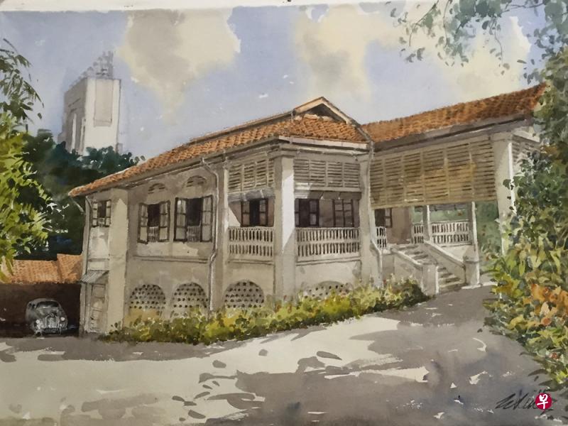 本地水彩画家王金成描绘李光耀故居实景。(图/王金成) 本地水彩画家王金成描绘李光耀故居实景。(图/王金成)