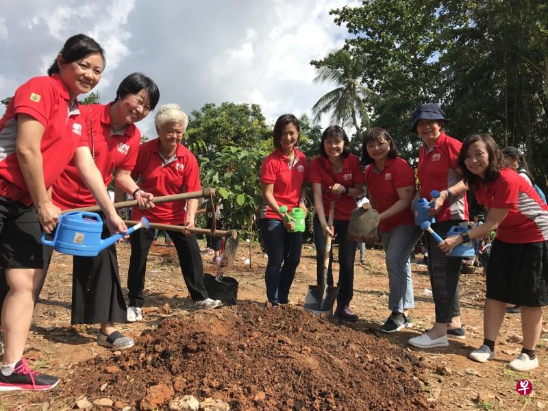 南洋女中今年百年校庆植树活动。左二为现任校长王梅凤,左三为前校长蔡亮。(新传媒提供) 南洋女中今年百年校庆植树活动。左二为现任校长王梅凤,左三为前校长蔡亮。(新传媒提供)