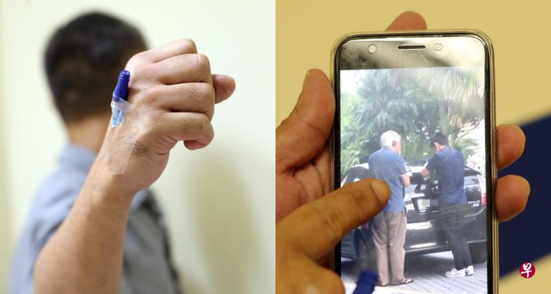 左图：吴先生指与司机发生口角后，两人下车理论，过程中两人互相推扯，他在过程中头部挨了一拳。右图：吴先生拍下和优步司机（左）发生争执，警方（右）到场协调的画面。