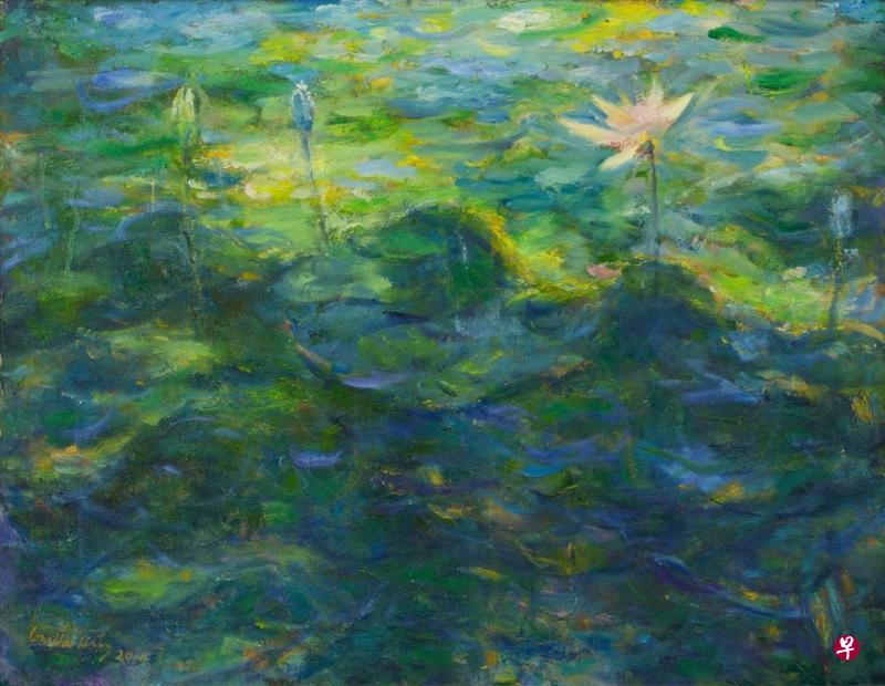 刘海宏2014年的荷花油画。(受访者提供) 刘海宏2014年的荷花油画。(受访者提供)