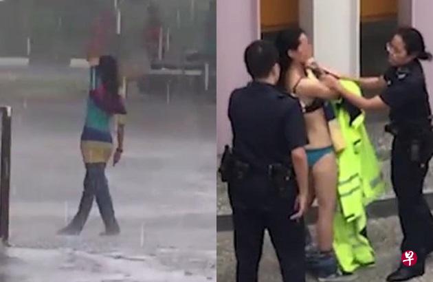 女郎在雨中起舞。（左图）只穿内衣裤的女郎，拒绝配合警员，试图逃走。（右图，视频截图）