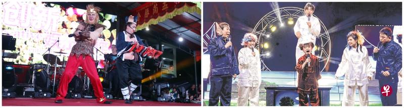 王雷和刘玲玲(左图)一个扮孙悟空、一个扮猪八戒,逗笑全场,在云阴殿的吕伟伦(右图,左起)则与白佳萱、李宝恩(前)、王伟良(后)、白佳薇等人,为观众带来《十兄弟》小剧场。 王雷和刘玲玲(左图)一个扮孙悟空、一个扮猪八戒,逗笑全场,在云阴殿的吕伟伦(右图,左起)则与白佳萱、李宝恩(前)、王伟良(后)、白佳薇等人,为观众带来《十兄弟》小剧场。