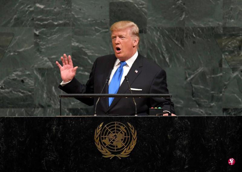 　美国总统特朗普谈到朝鲜问题时，不点名批评一些国家不止同朝鲜进行贸易，还为它提供军事和财务支援，让全球陷入核冲突的危机。（法新社）