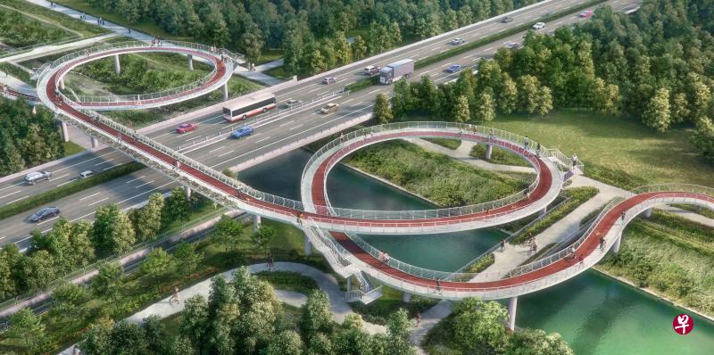 跨越淡滨尼快速公路的“快速脚踏车桥”一旦建成,将成为本地首个横跨快速公路、衔接不同市镇的脚踏车桥。(陆路交通管理局提供) 跨越淡滨尼快速公路的“快速脚踏车桥”一旦建成,将成为本地首个横跨快速公路、衔接不同市镇的脚踏车桥。(陆路交通管理局提供)