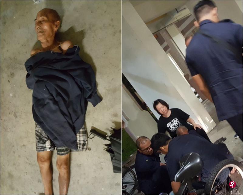 左图:余亚金被找到时,裸着上身躺在地板,家人立刻给他披上外套。右图:余亚金被找到后,家人担心他身体不适,传召救护车把他送进医院。(受访者提供) 左图:余亚金被找到时,裸着上身躺在地板,家人立刻给他披上外套。右图:余亚金被找到后,家人担心他身体不适,传召救护车把他送进医院。(受访者提供)